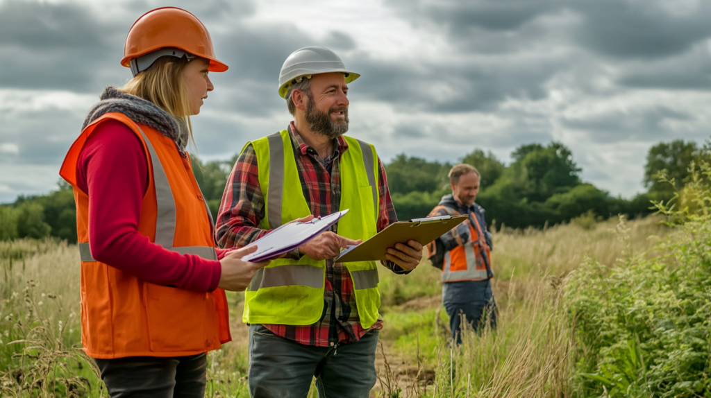 Ecologists discussing planning requirements with architects and consultants.